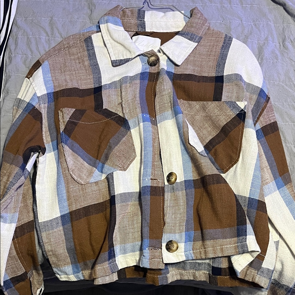 Ashley By 26 International Brown, Blue & Cream Plaid Top Cropped